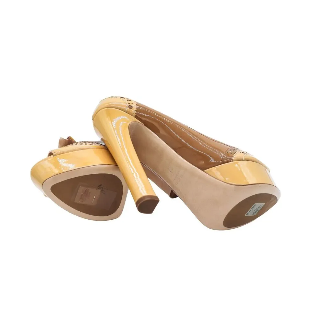 Miu Miu Yellow Brown‎ Patent Leather Platform Peep Toe Bow Pumps Heels EU 41